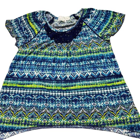 French Laundry Tops - French Laundry Blouse XL Blue Yellow Green Tribal Short Sleeves Cotton Blend